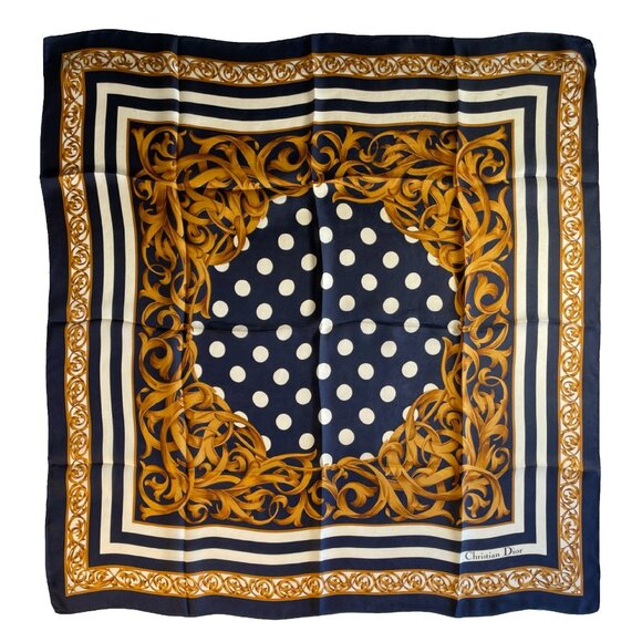 Vintage Christian Dior Silk Scarf – Baroque Scroll & Polka Dot - Picture 1 of 14